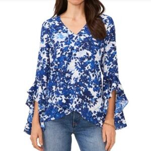 Vince Camuto Blue Floral Flutter Sleeve Pintuck Henley Blouse Top Size Medium